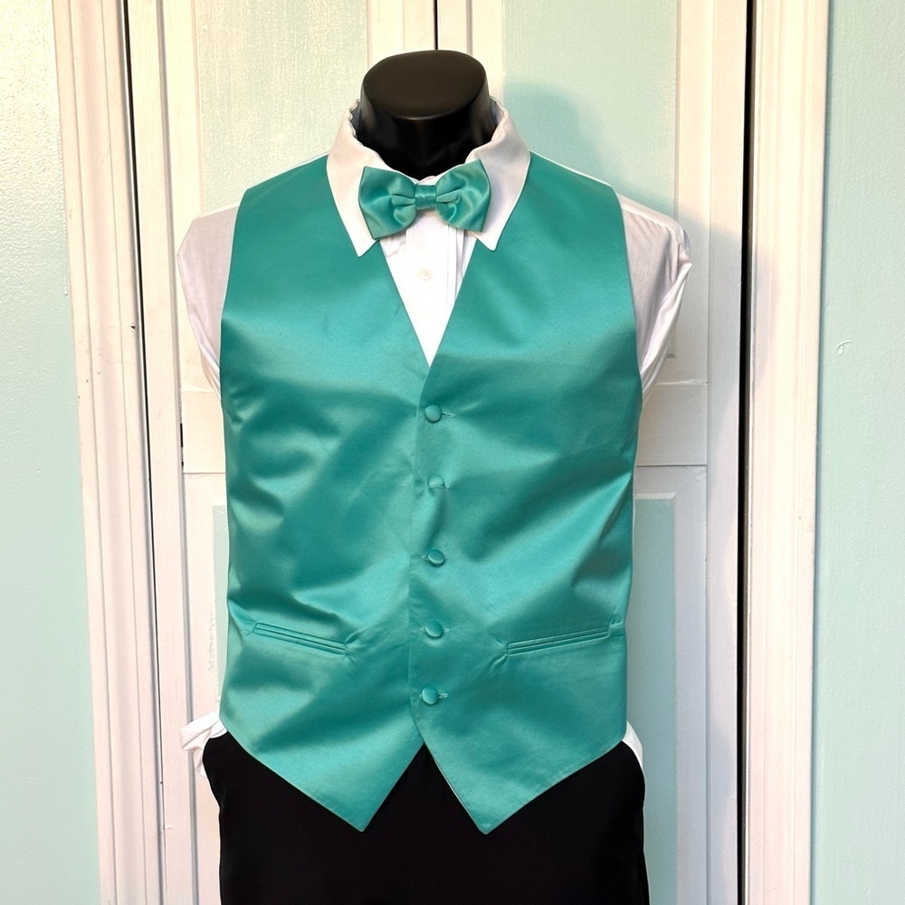 Mermaid Green Satin Closed Back Vest and bow Costume Theatre Men’s Small Damaged